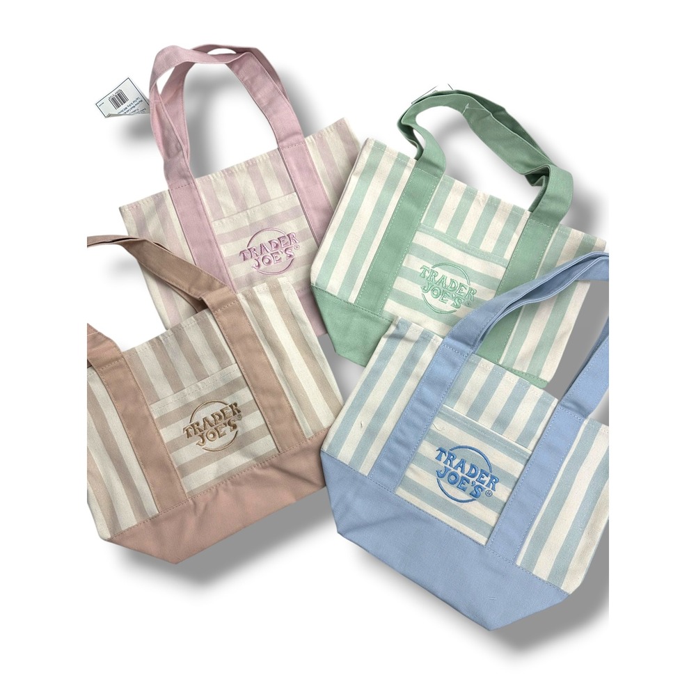Trader Joes Striped Mini Canvas Tote Bag Set of 4 Pink Blue Green Tan NWT